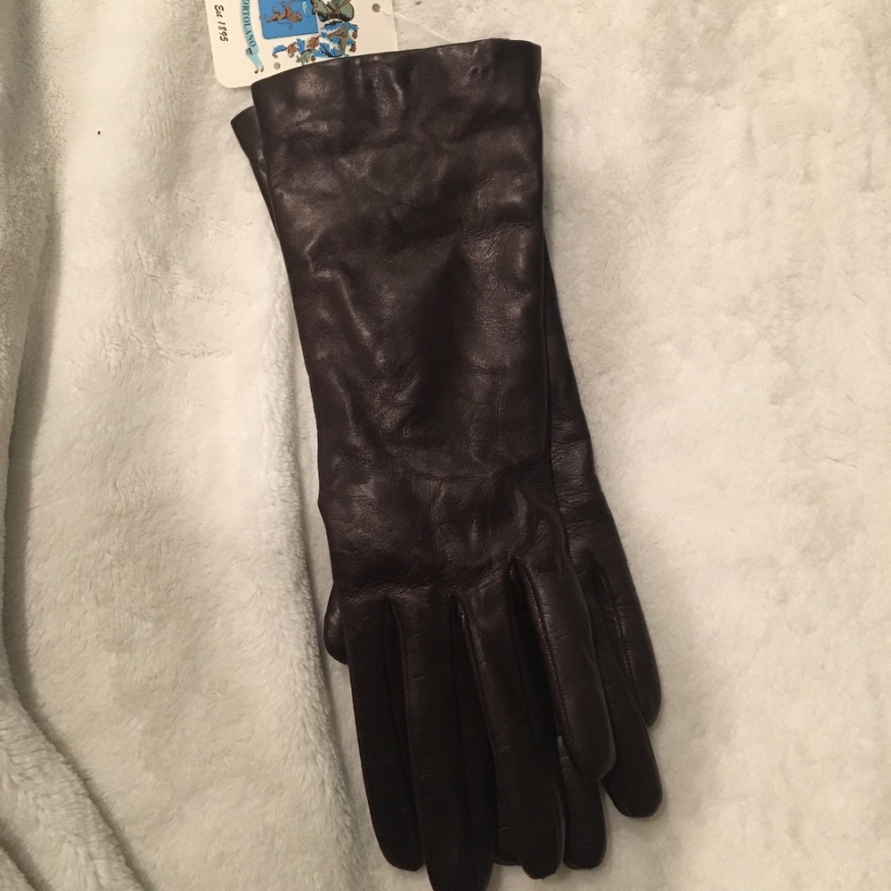 Portolano long dark brown soft leather cashmere lined gloves